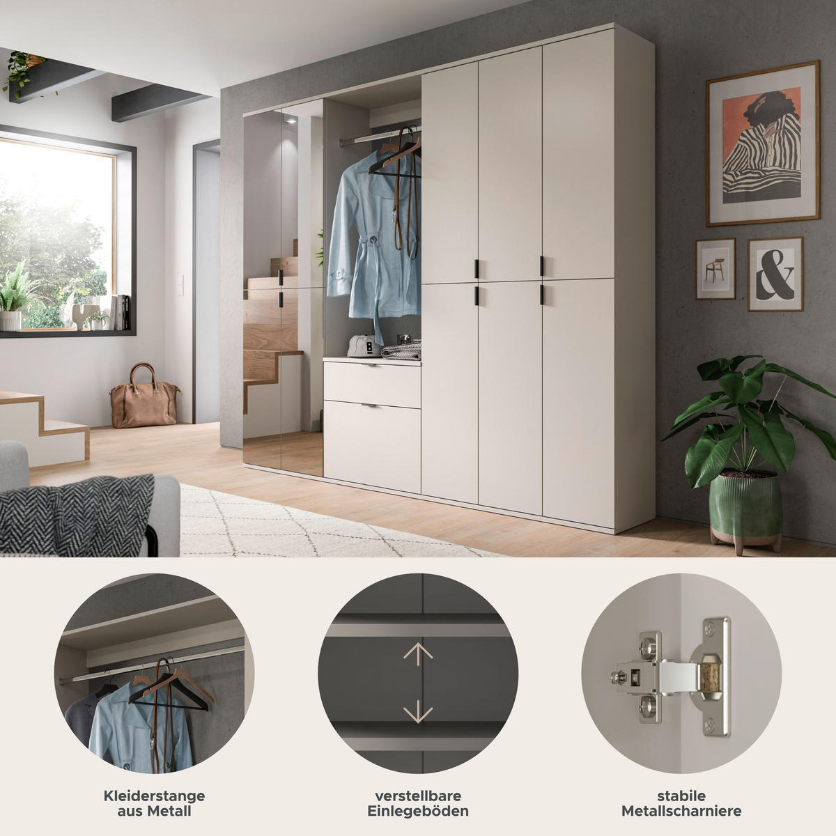 GARDEROBE Nexus 3-tlg. (B/H/T: ca. 213/193/34 cm) in Kaschmir/Kaschmir - Kaschmir, Holzwerkstoff (213/193/34cm)