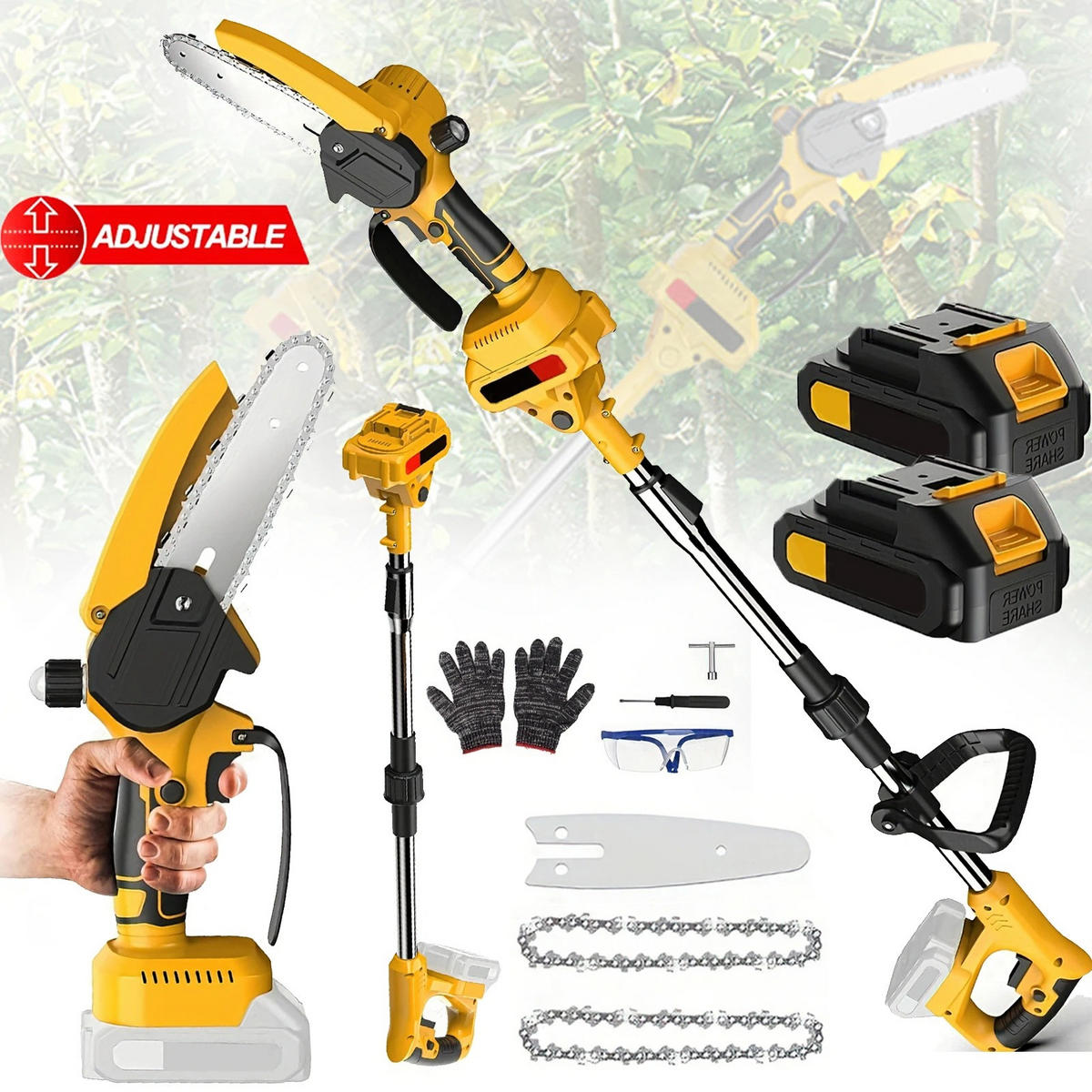 KETTENSÄGE 21V Bürstenloser Teleskop-Elektro Mit 2 Batterien - Gelb, Metall (15/7/150cm) - Coonoor