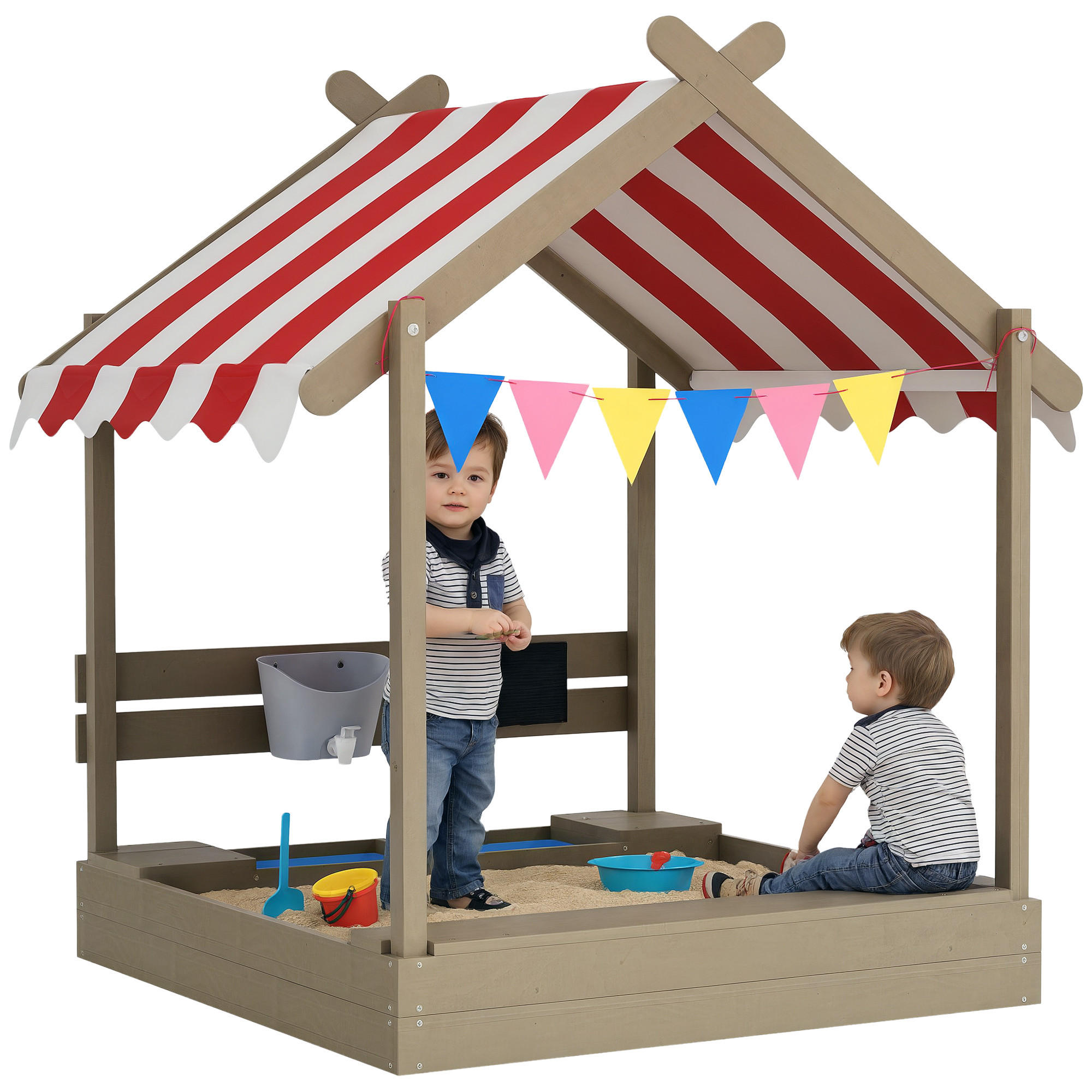 SANDKASTEN mit Sonnenschutz, Spielhaus-Design, mit Spielzeug-Set, behandeltes Massivholz, 124 x 116 x 146 cm, Grau - Grau, Holz (116/124cm) - FORIOUS