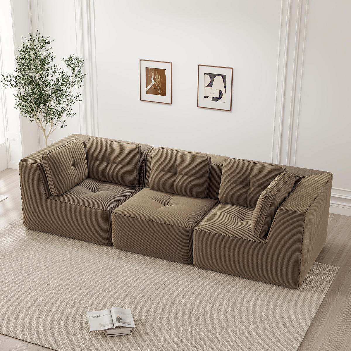 3-SITZER Sofa 297×104×69 cm Cordstoff rahmenlos modular, braun - Braun, Textil (104/69/297cm)