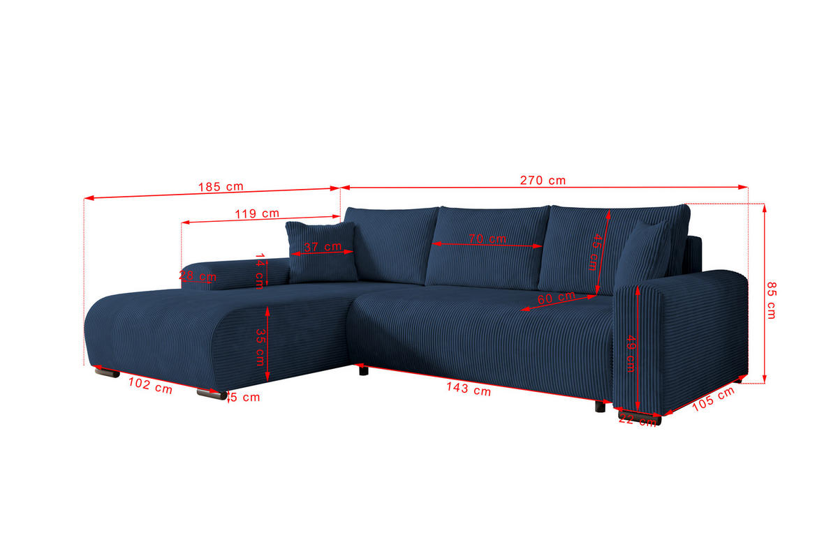 ECKSOFA Nelly mit Bettkasten und Schlaffunktion, Cordstoff in L-Form - Blau, Textil (270/185cm)