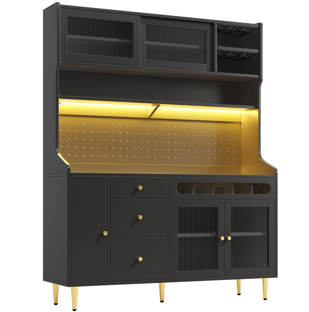 BUFFET 145/39/171 cm schwarz aus Glas und MDF mit LED - Schwarz, Glas (145/171/39cm) - OKWISH