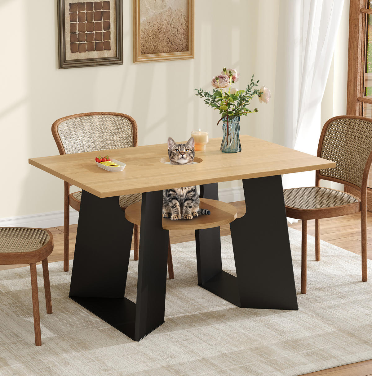 ESSTISCH 130/85/75 cm haustierfreundlich in Schwarz-Natur mit Ablagebrettchen - Schwarz, Holzwerkstoff (130/85/75cm) - OKWISH