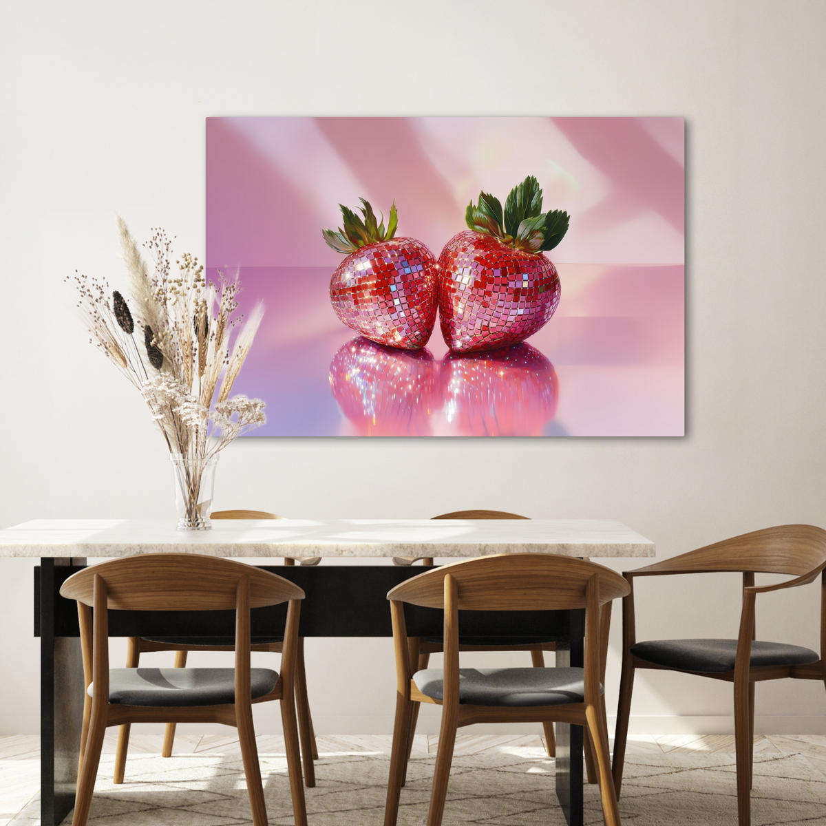 LEINWANDBILD Disco - Obst - Glitzer - Erdbeere Wohnzimmer 120x80 cm - Pink, Textil (120/80cm) - MuchoWow