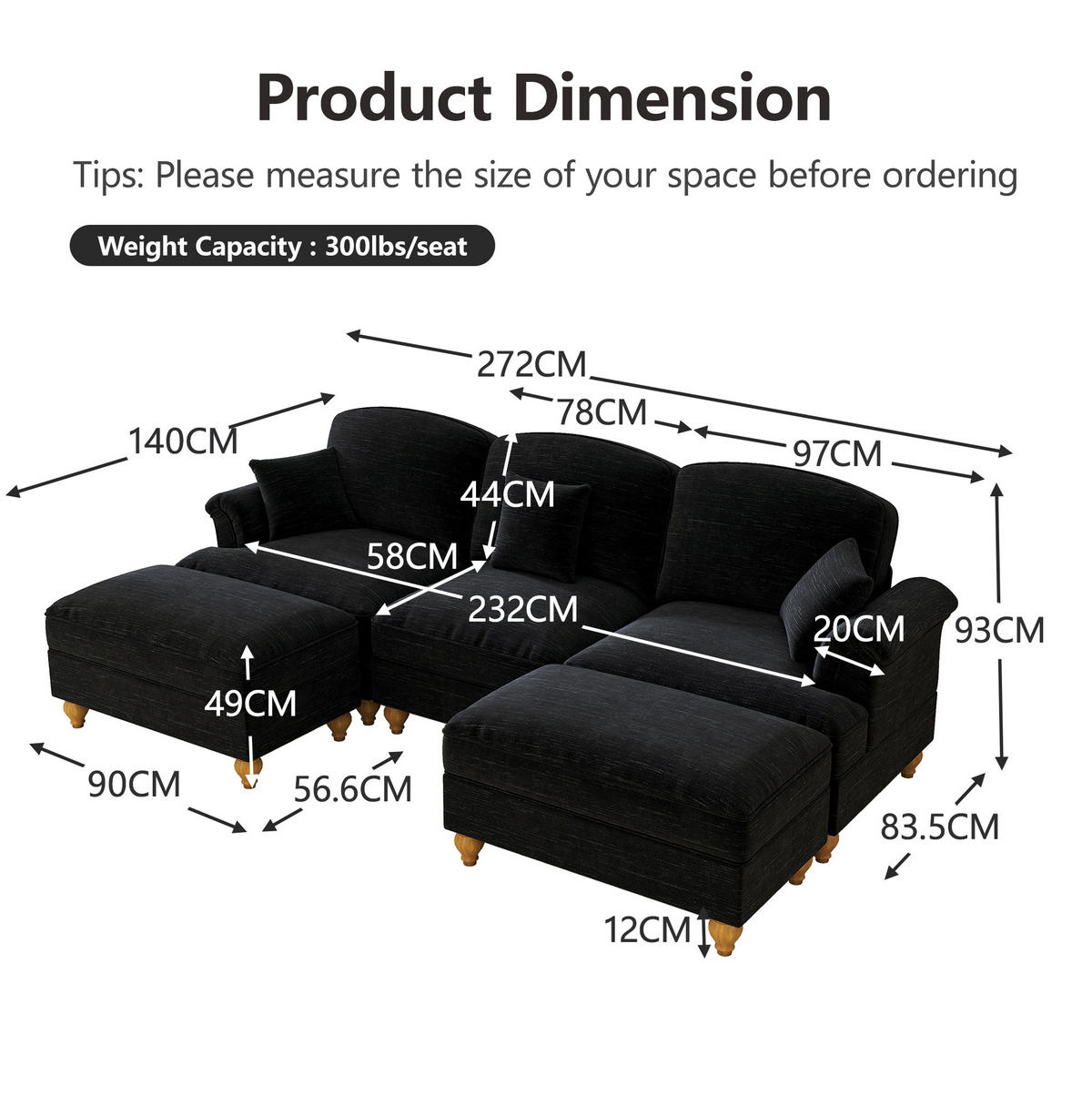 ECKSOFA 272/140/93 cm schwarz aus Chenille mit abnehmbarem Volant und beweglichem Hocker - Schwarz, Textil (140/272cm) - OKWISH