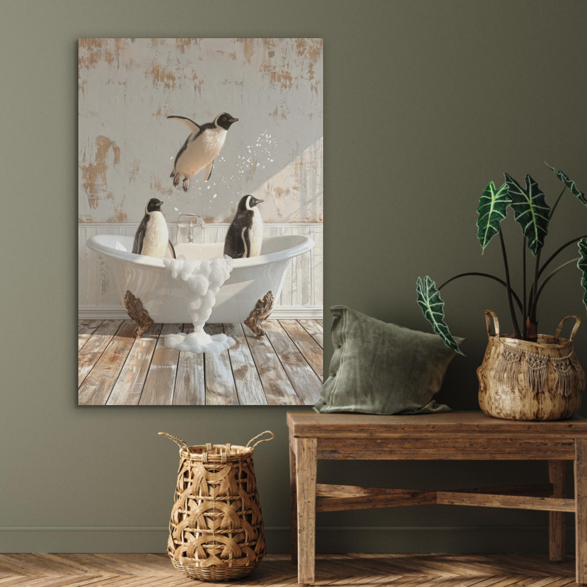 AKUSTIKPANEEL Vintage - Pinguin - Badewanne - Schaumstoff 70x100 cm - Schwarz, Textil (70/0.9/100cm) - MuchoWow