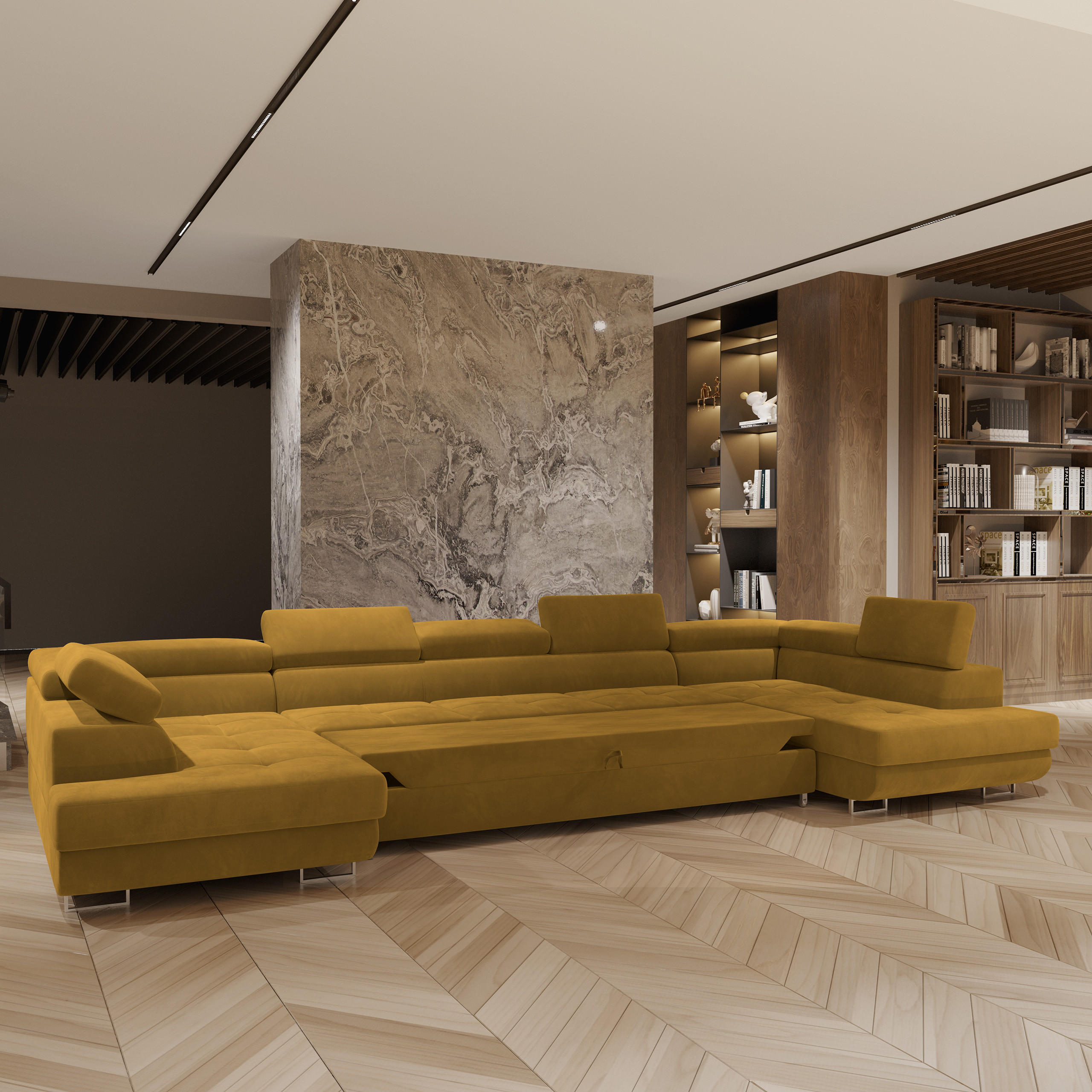 Thumbnail - Masseno Wohnlandschaft, Gelb, Holz, 7-Sitzer, U-Form, 408x90x202 cm, Wohnzimmer, Sofas & Couches, Wohnlandschaften, Wohn...