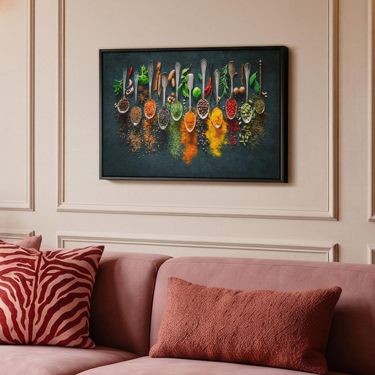 LEINWAND Bilder mit Rahmen - Kräuter - Gewürze - Löffel - 60x40 - Currygelb, Textil (60/40cm) - MuchoWow