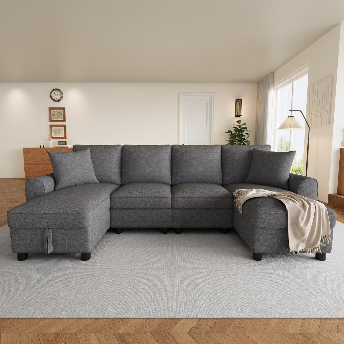 WOHNLANDSCHAFT U Form Chenille Modular Stauraum Grau 280cm - Grau, Textil (280/84/137cm) - FLIEKS