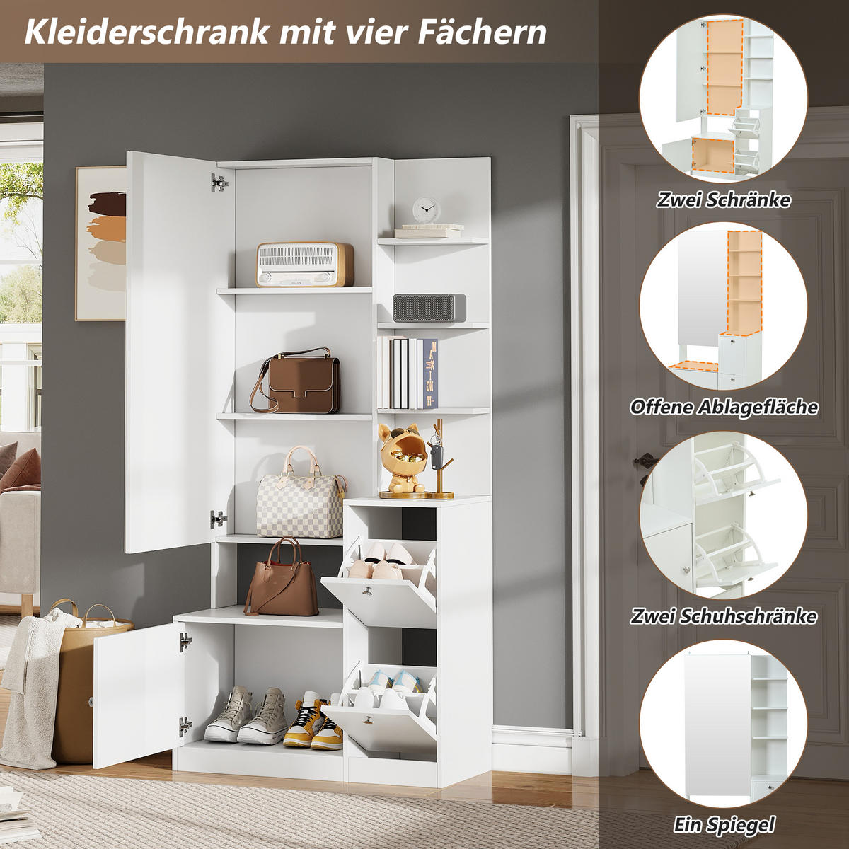 HOCHSCHRANK Spiegel Schuhschrank 2 Türen 5 Ablagen Weiß - Weiß, Holzwerkstoff (85/180/40cm) - FLIEKS
