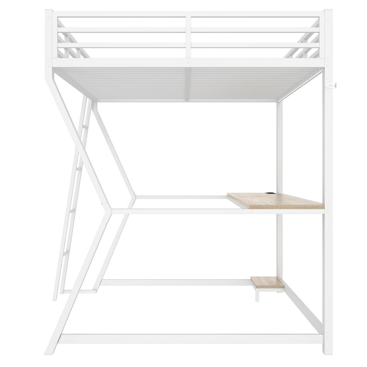 HOCHBETT aus Metall und MDF 140x200 cm Weiß mit LED-Beleuchtung, Schreibtisch, USB-Anschluss, Steckdose und Treppe - Weiß, Metall (140/200cm) - Modfu