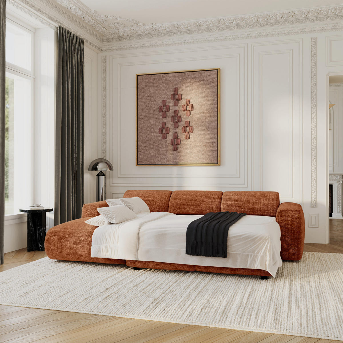 ECKSCHLAFSOFA Geprägter Samt Terracotta 283cm - Dunkelorange/Terra cotta, Textil (283/180cm) - Sia Home