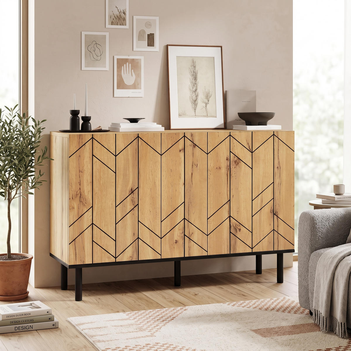 BUFLET 120cm cu Wellenmuster-Optik & 3 Türen - culoare naturală, compozit lemnos (120/70/35cm) - Urban Meuble