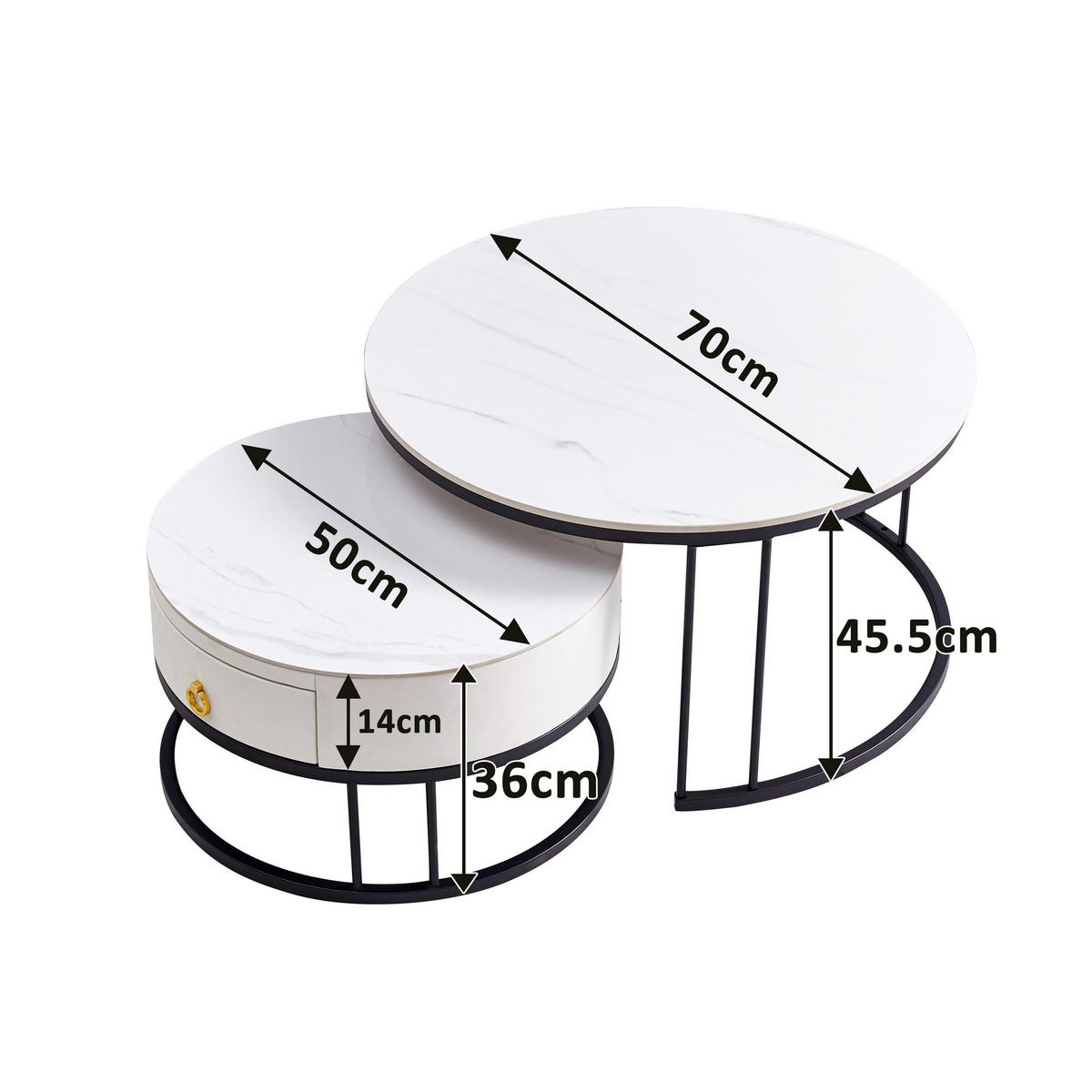 COUCHTISCH 2er-Set mit Schieferplatte und Schublade - Weiß, Holzwerkstoff (70/70/45cm) - OKWISH