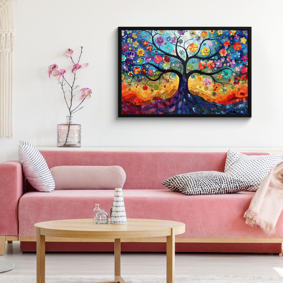 POSTER MIT RAHMEN Kunst - Baum des Lebens - Blumen - Hippie 90x60 cm - Dunkelblau, Papier (90/60cm) - MuchoWow