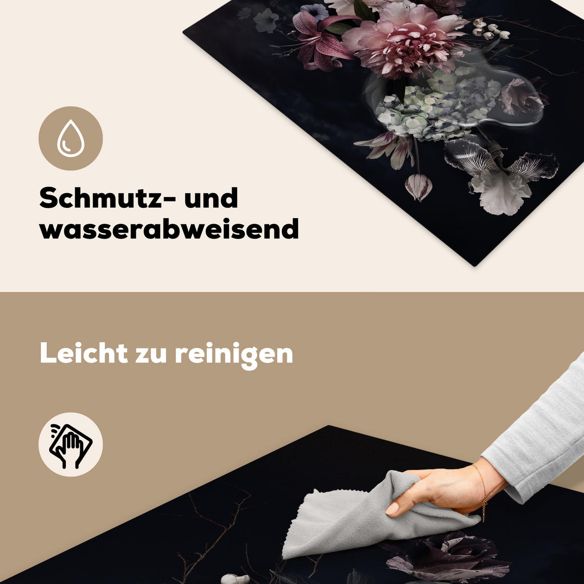 HERDABDECKPLATTE Blumen - Vintage - Pastell - Rosa - Weiß 75x52 cm - Altrosa, Kunststoff (75/52/0.2cm) - MuchoWow