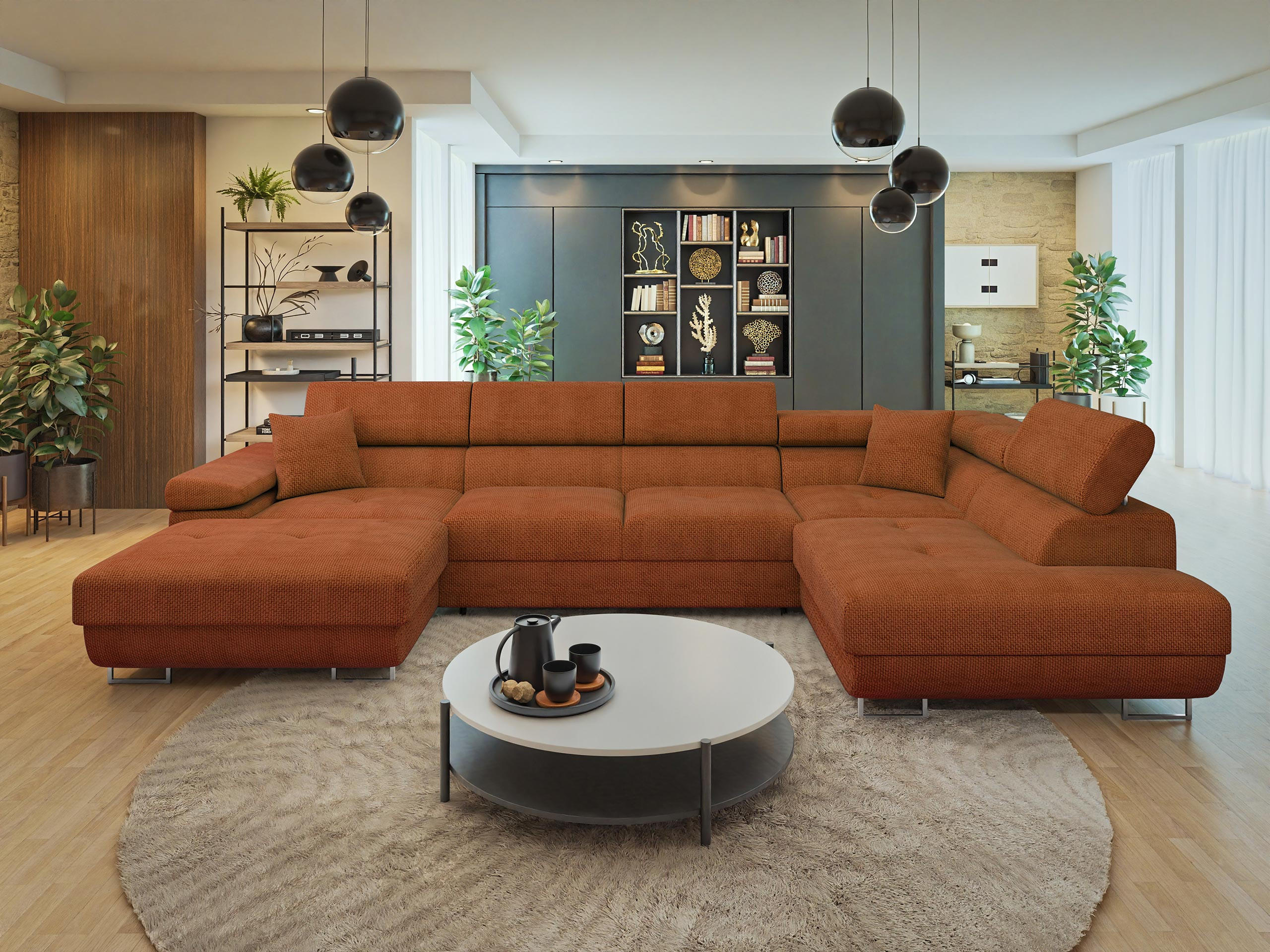 WOHNLANDSCHAFT Torezio Bis, Seite: Rechts - Dunkelorange, Holz/Textil (346/90/203cm) - MIRJAN24