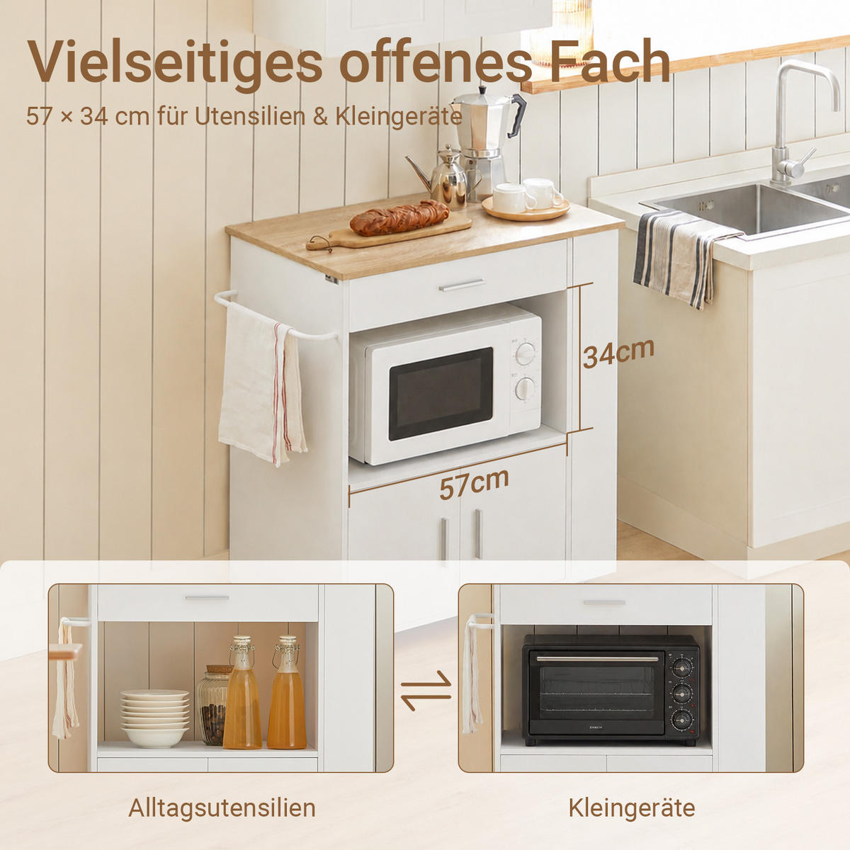 SERVIERWAGEN weiß mit Bremsrollen, 82 x 88 x 46 cm, Schublade, 3 Seitenregale, Handtuchhalter, für die Küche - Weiß, Holzwerkstoff (82/88/46cm) - SoBuy