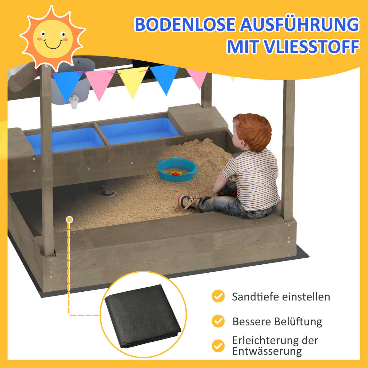 SANDKASTEN DE-10466 mit Sonnenschutz & Spielhaus-Design Grau - Grau, Holzwerkstoff (124/116/146cm) - ComfortXL