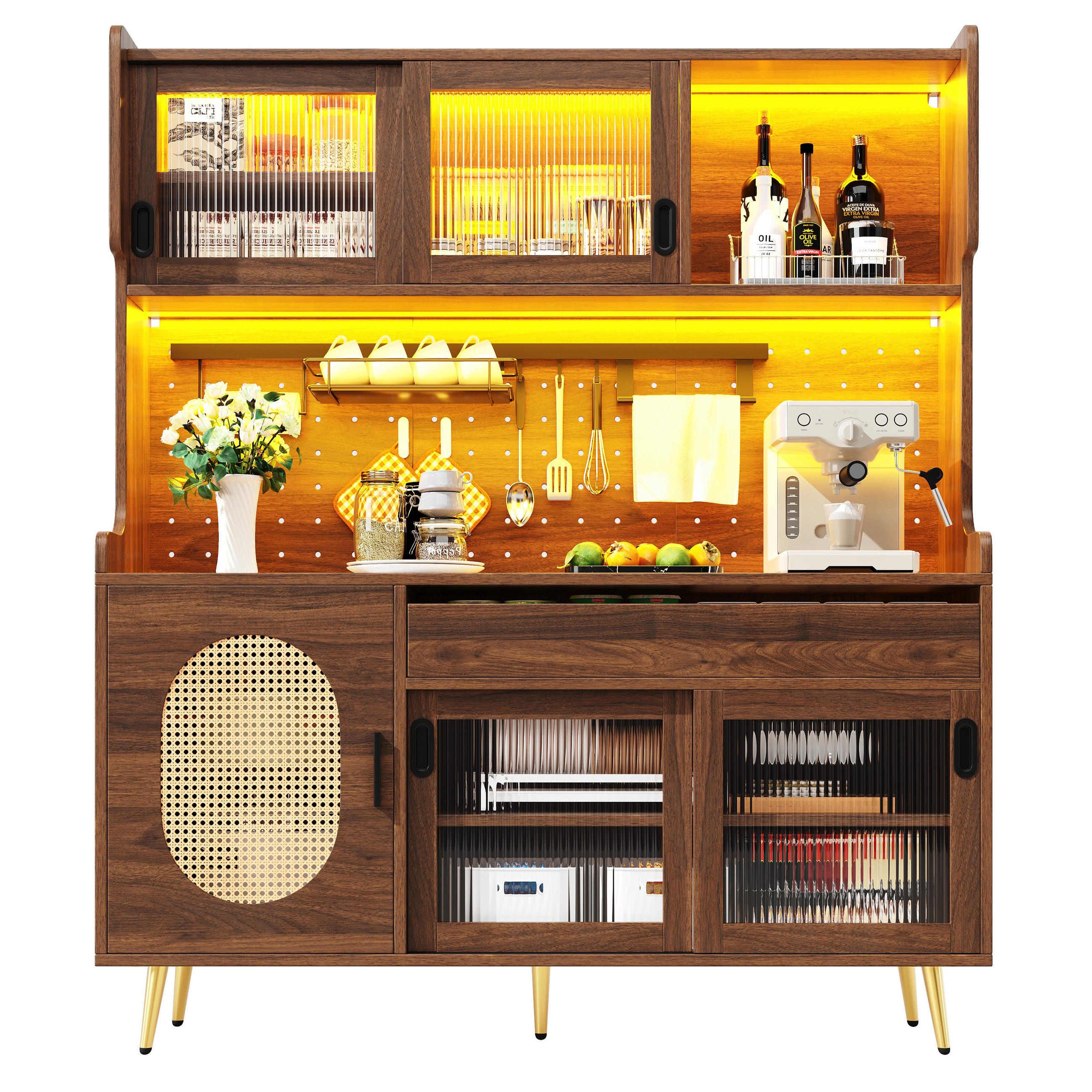 KÜCHENSCHRANK 145x39x171Cm LED 5 Türen Landhausstil - Braun, Holzwerkstoff (145/171/39cm) - FLIEKS