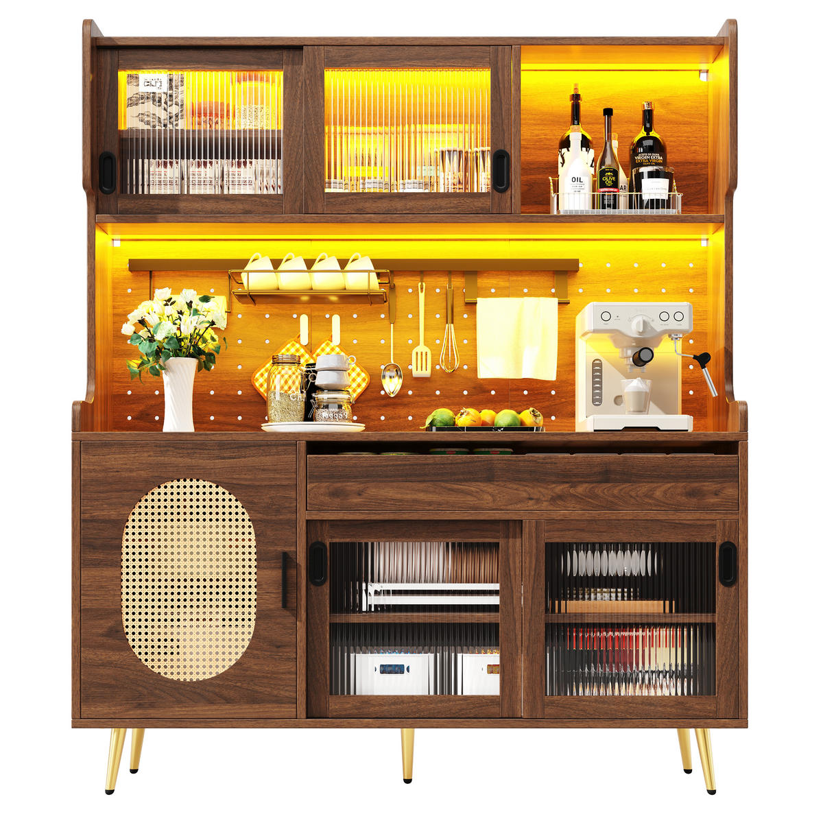 GESCHIRRSCHRANK aus MDF 145x39x171cm in Braun mit LED-Lichtleiste - Braun, Holzwerkstoff (145/171/39cm) - Modfu