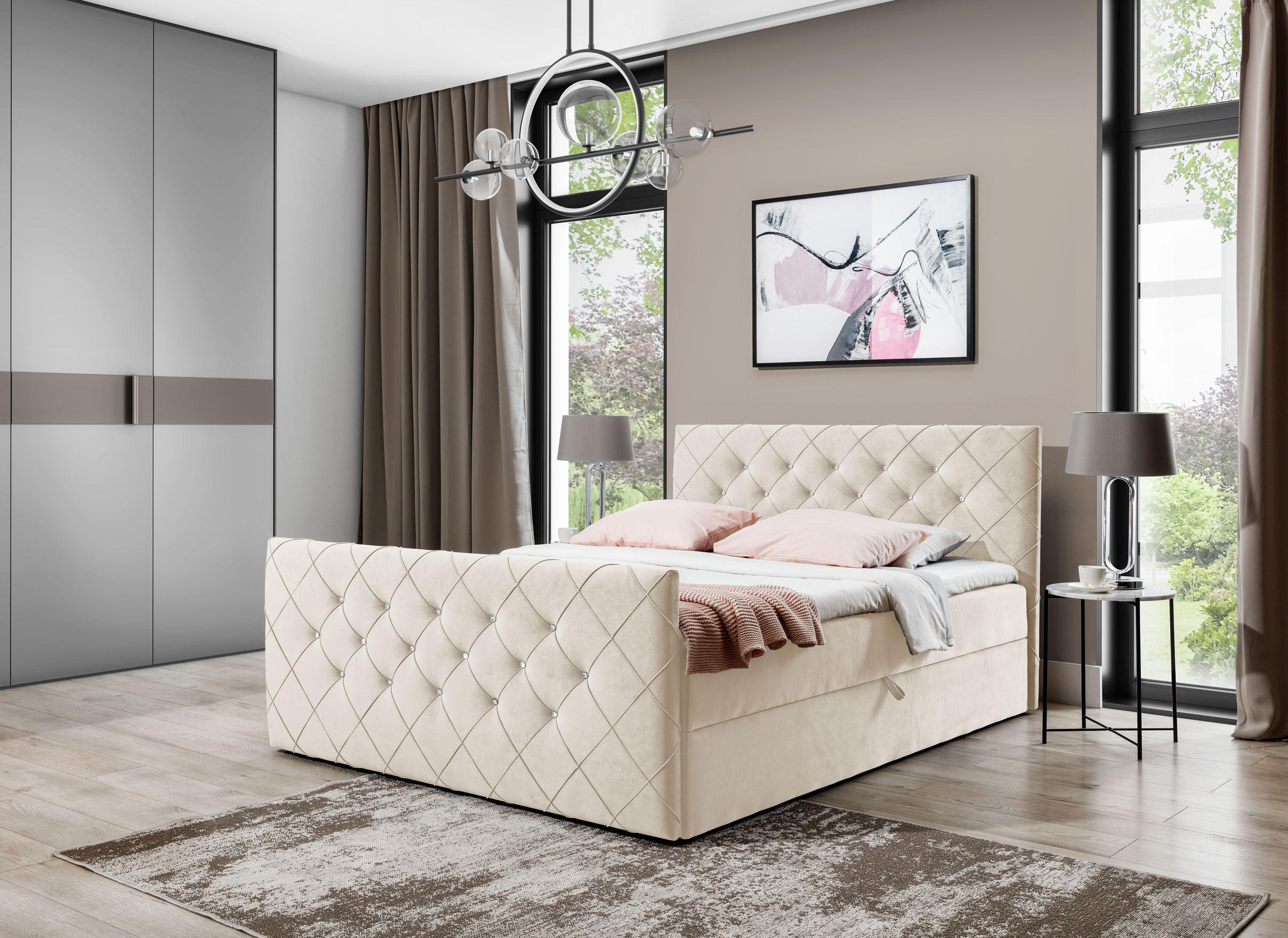 BOXBETT MALAGA 160x200 Creme Velvet - H3 - Creme, Textil (160/200cm) - AN-Moebel 4u