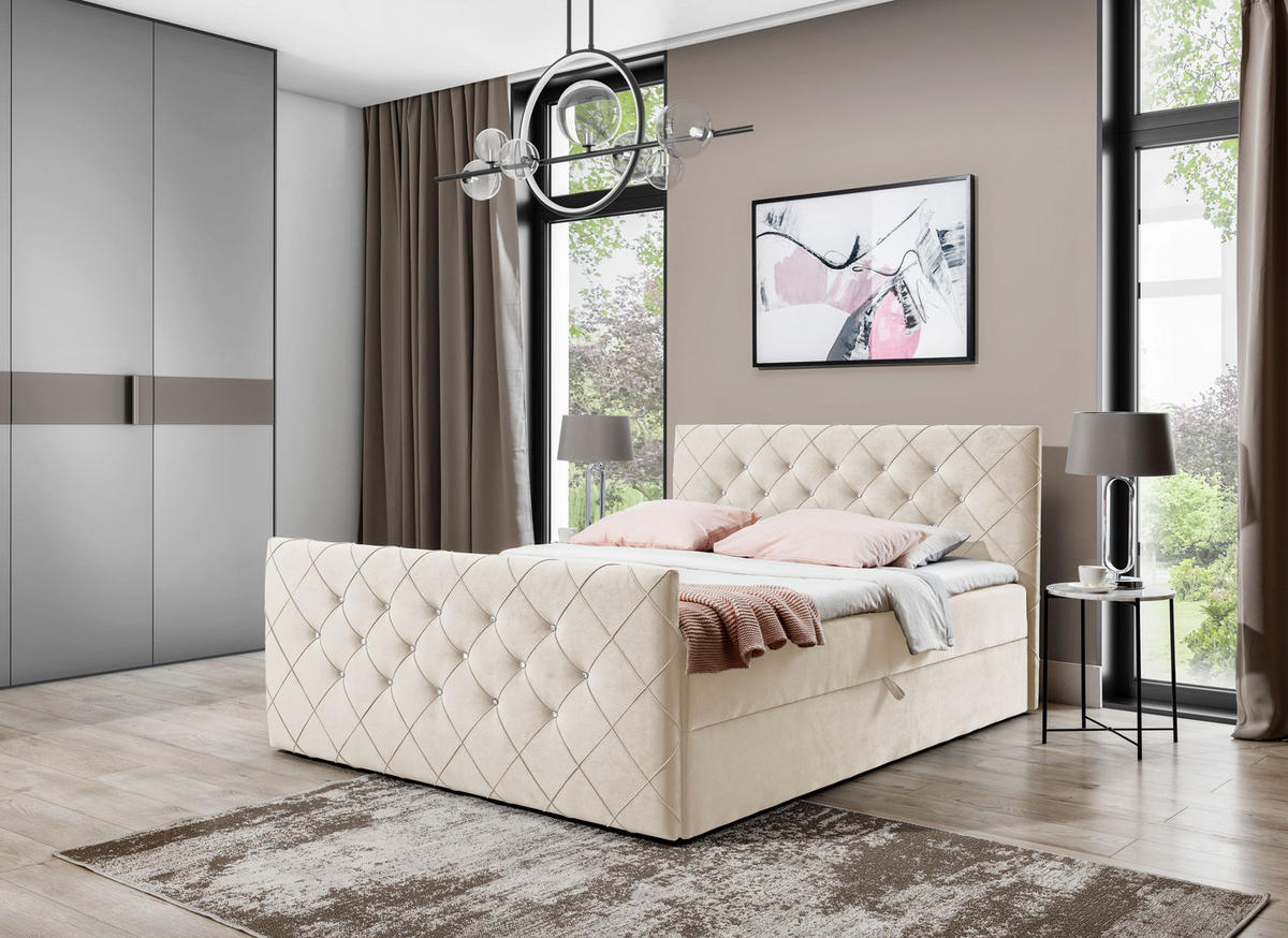 BOXBETT MALAGA 160x200 Creme Velvet - H3 - Creme, Textil (160/200cm) - AN-Moebel 4u