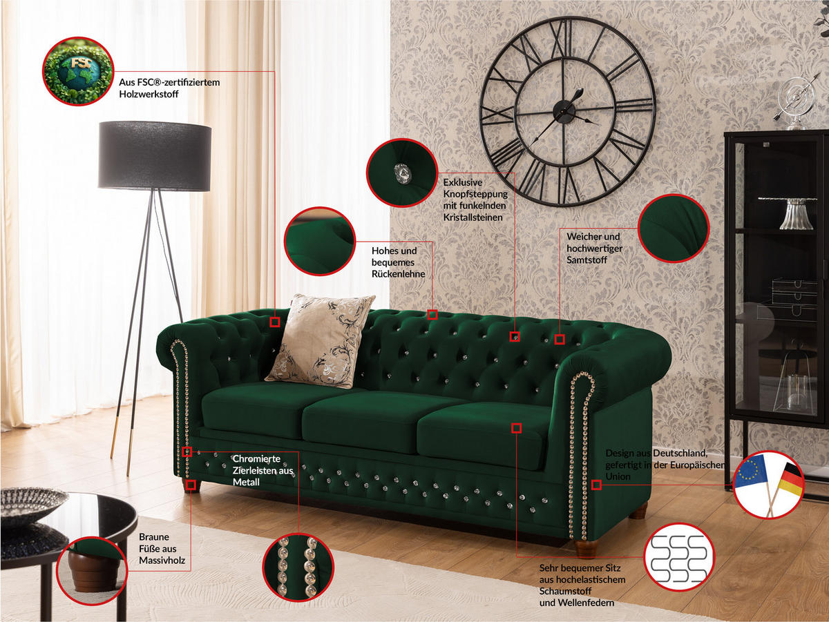SITZGARNITUR 3+2 Chesterfield Cleo Blink Flasche Grün Samt mit Kristallsteppung und braunen Massivholzfüßen - Braun/Grün, Holz/Textil (203/72/86cm) - S-Style Möbel