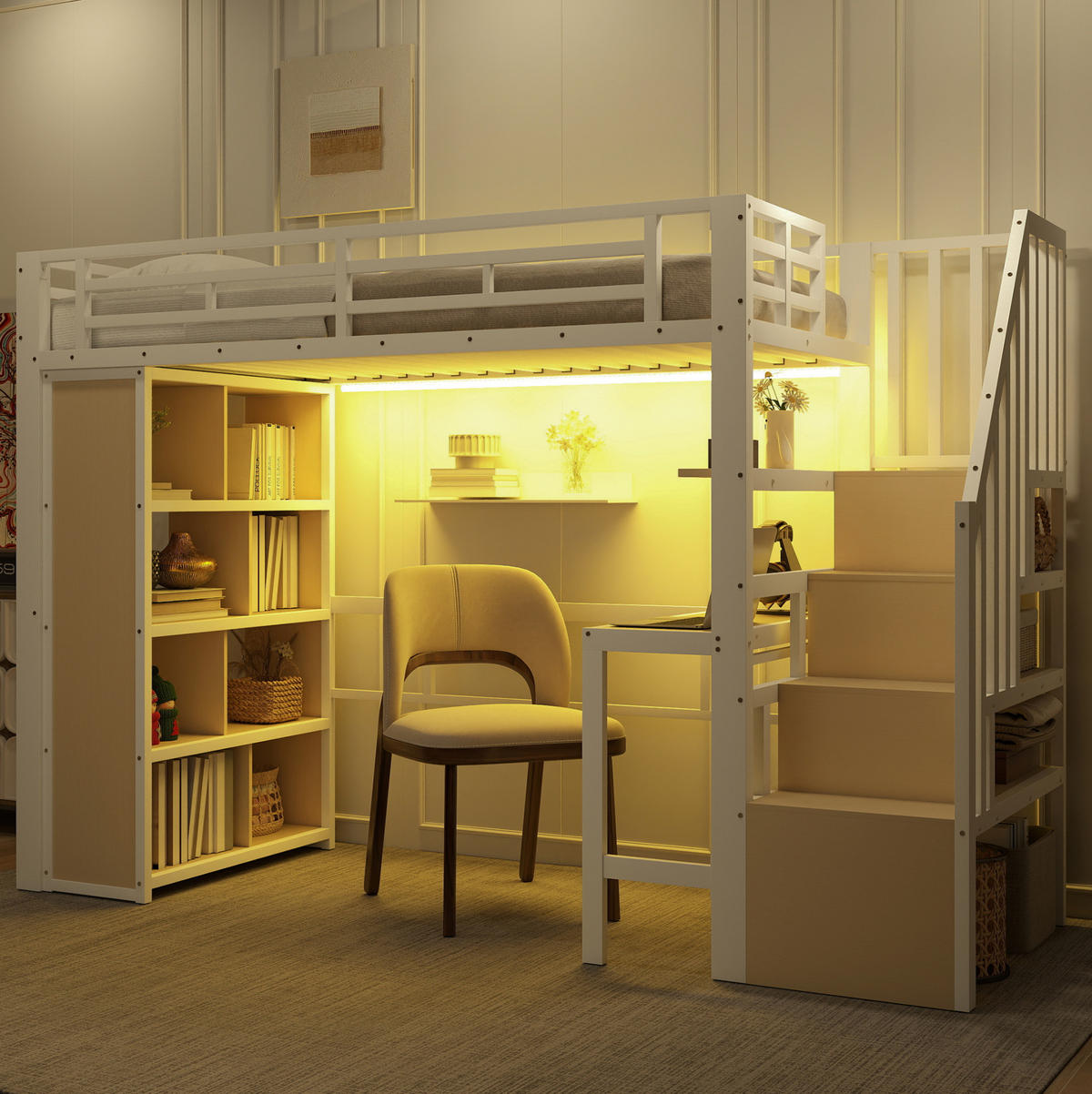 HOCHBETT 90/200 cm Weiß aus Metall und MDF mit Schreibtisch und LED-Lichtleiste - Weiß, Metall (90/200cm) - OKMYHOME