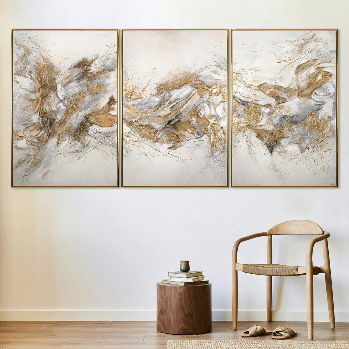 GEMÄLDE Funkelnde Schattierungen Schattenfugenrahmen Gold 300x140 3-teilig - Goldfarben, Holz (300/140cm) - YS-art gallery