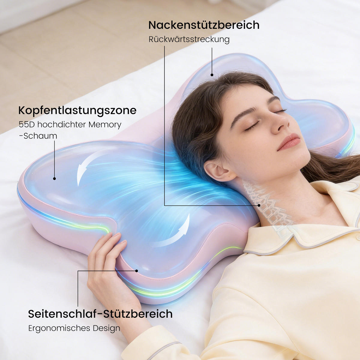 SCHMETTERLINGSKISSEN Memory-Schaum Modell (ergonomisch) Hellrosa 65×41 cm OEKO-TEX® zertifiziert Vorderseite 8 cm / Rückseite 12 cm - Rosa, Textil (41/65cm) - CHICASA