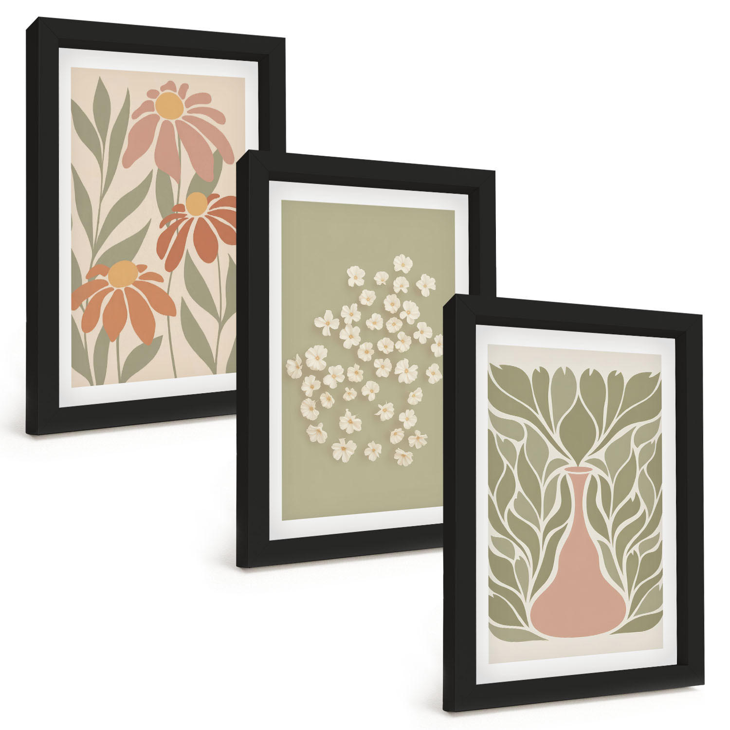 BILDER SET 3er Set - 20x30 cm Schwarzer Rahmen - Florale Boho-Muster - Schwarz, Kunststoff (20/30cm) - TULUP