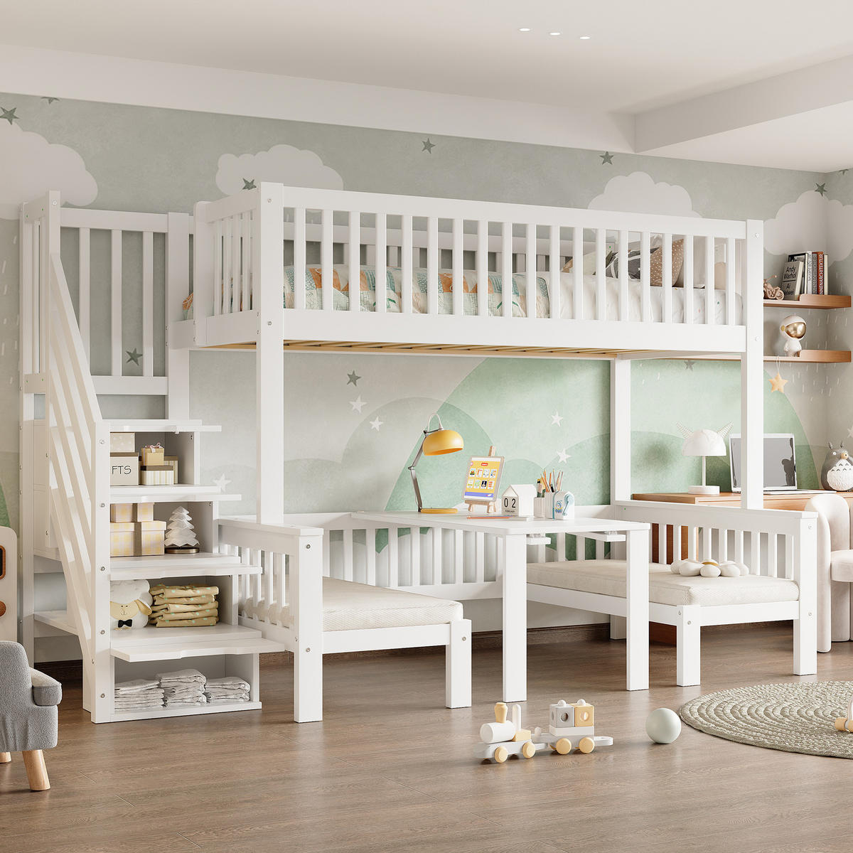 ETAGENBETT 90/200 cm & 120/200 cm in Weiß mit Stauraumtreppe, Tisch und Sicherheitsgeländer - Weiß, Holz/Holzwerkstoff (90/200cm) - CHICFURN