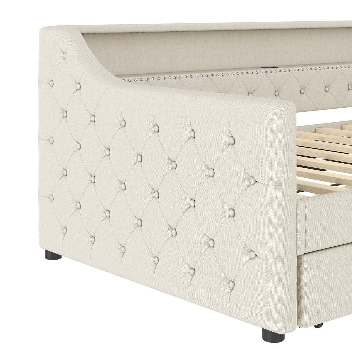 POLSTERBETT 90/200 cm Beige aus Leinen mit Ausziehbett und LED-Beleuchtung - Beige, Textil (90/200cm) - OKMYHOME