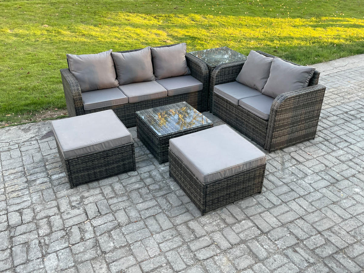 GARTENMÖBEL SET mit 3-SITZER SOFA Polyrattan Dunkelgrau 7-Sitzer - Dunkelgrau/Grau, Glas/Kunststoff - Fimous
