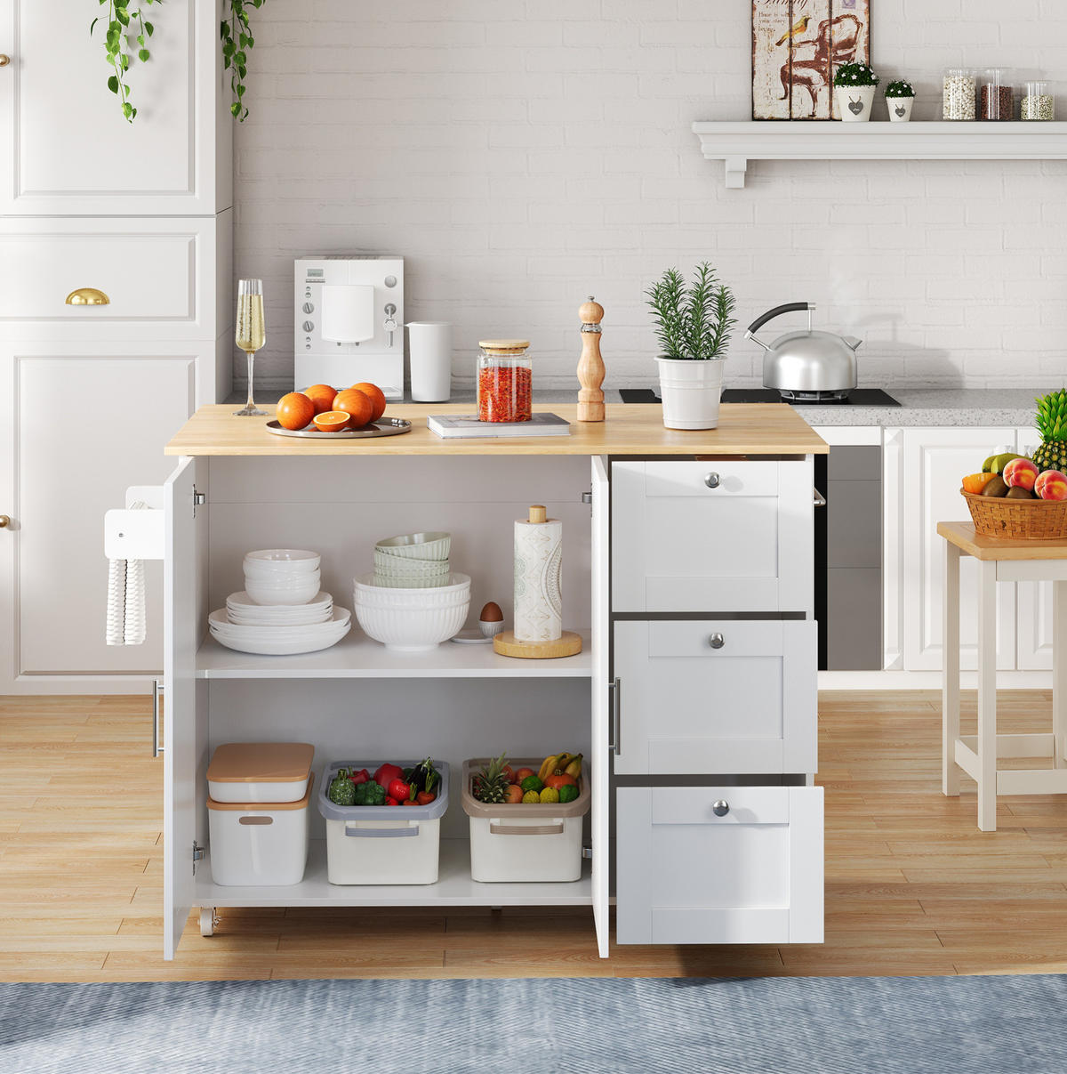 KÜCHENINSEL 135/44(70)/90 cm Weiß/Natur aus MDF mit Klappfunktion - Weiß, Holzwerkstoff (44/90/135cm) - OKMYHOME