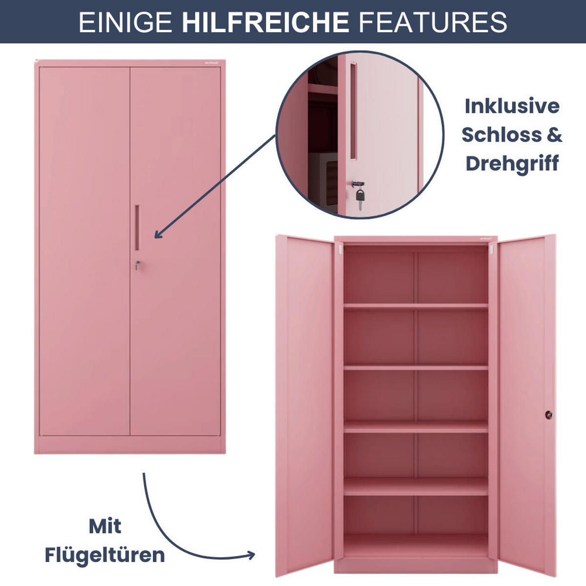 AKTENSCHRANK abschließbar KADO mit Flügeltüren 185x90x40cm Rosa - Rosa, Metall (90/185/40cm) - DELUKE