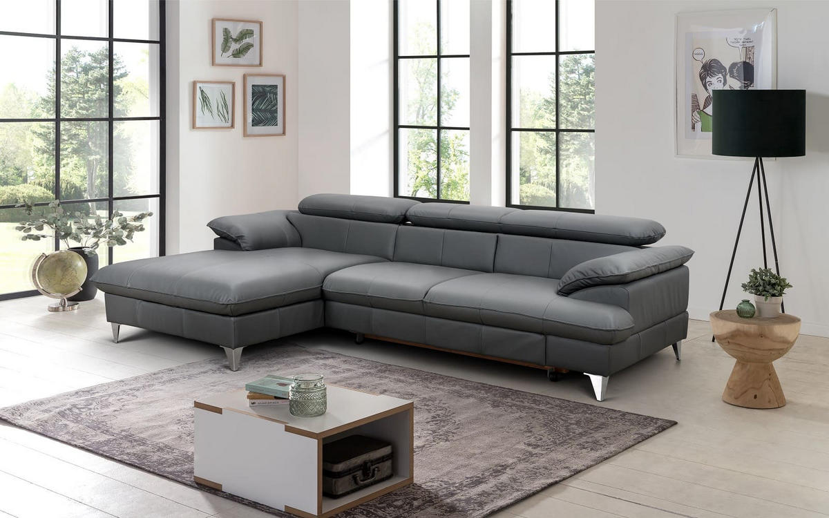 ECKSOFA mit Schlaffunktion und Bettkasten, Echtleder - Chromfarben/Anthrazit, Leder/Holz (254/167cm) - Cotta