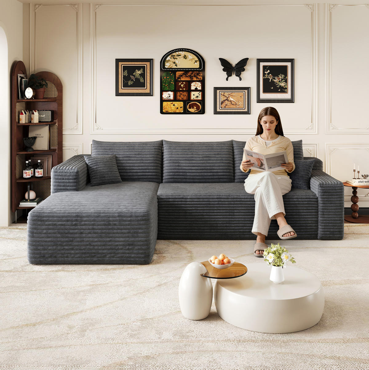 ECKSOFA 241 cm aus Stoff mit weichem Cordbezug und Chaise Lounge Dunkelgrau - Dunkelgrau, Textil (151/241cm) - Modenvie