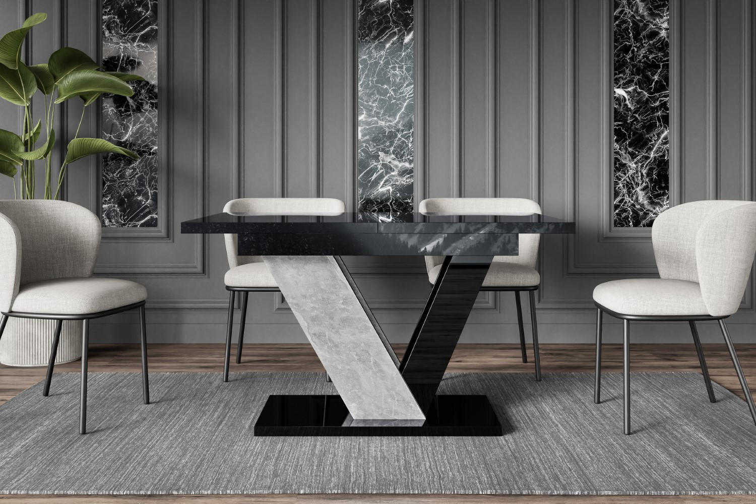 ESSTISCH ausziehbar 120 -160x80x75 cm - Black Gloss / Stone - CLASI - Schwarz Hochglanz/Grau, Holzwerkstoff (120/80/75cm) - ALTDECOR