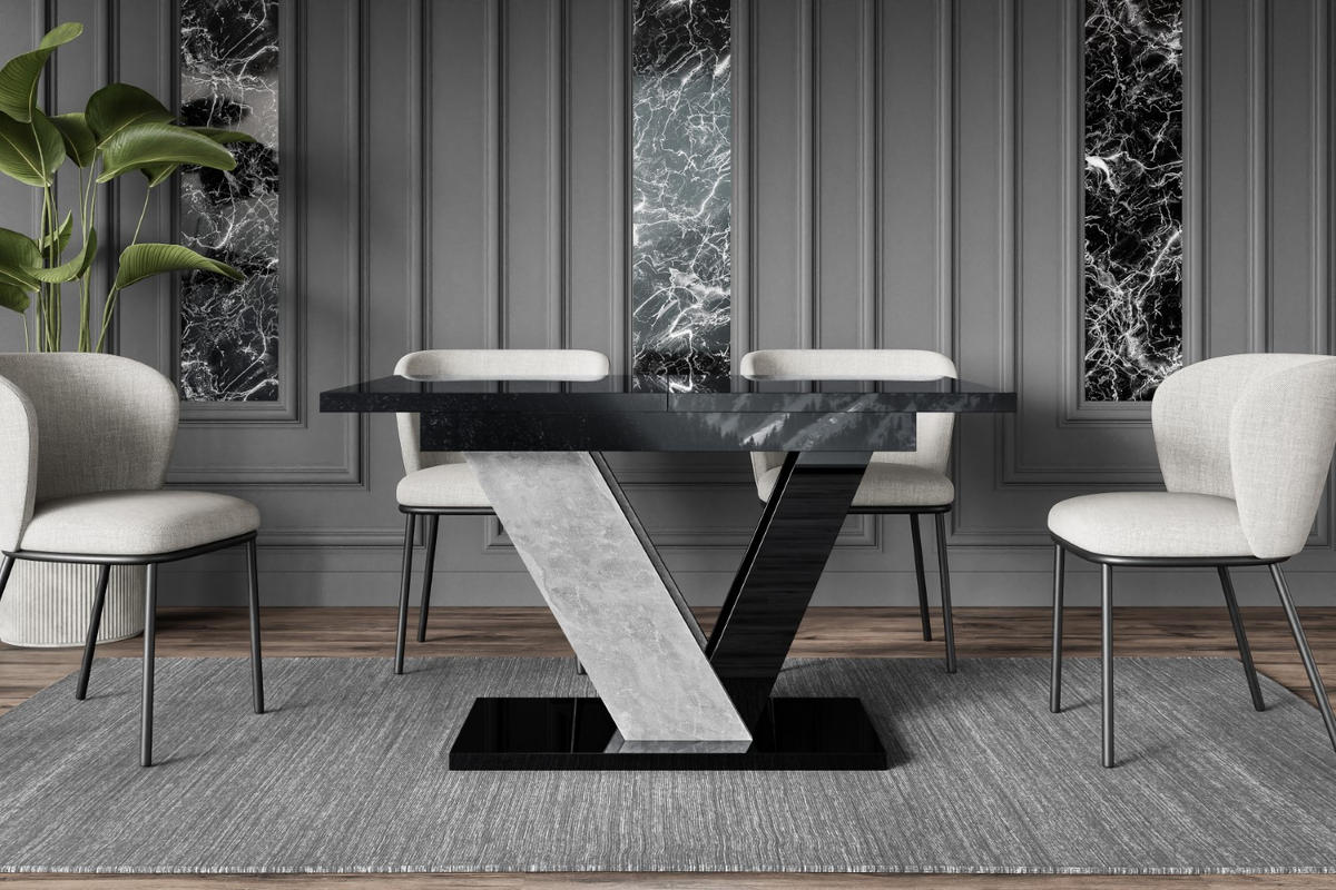 ESSTISCH ausziehbar 120 -160x80x75 cm - Black Gloss / Stone - CLASI - Schwarz Hochglanz/Grau, Holzwerkstoff (120/80/75cm) - ALTDECOR