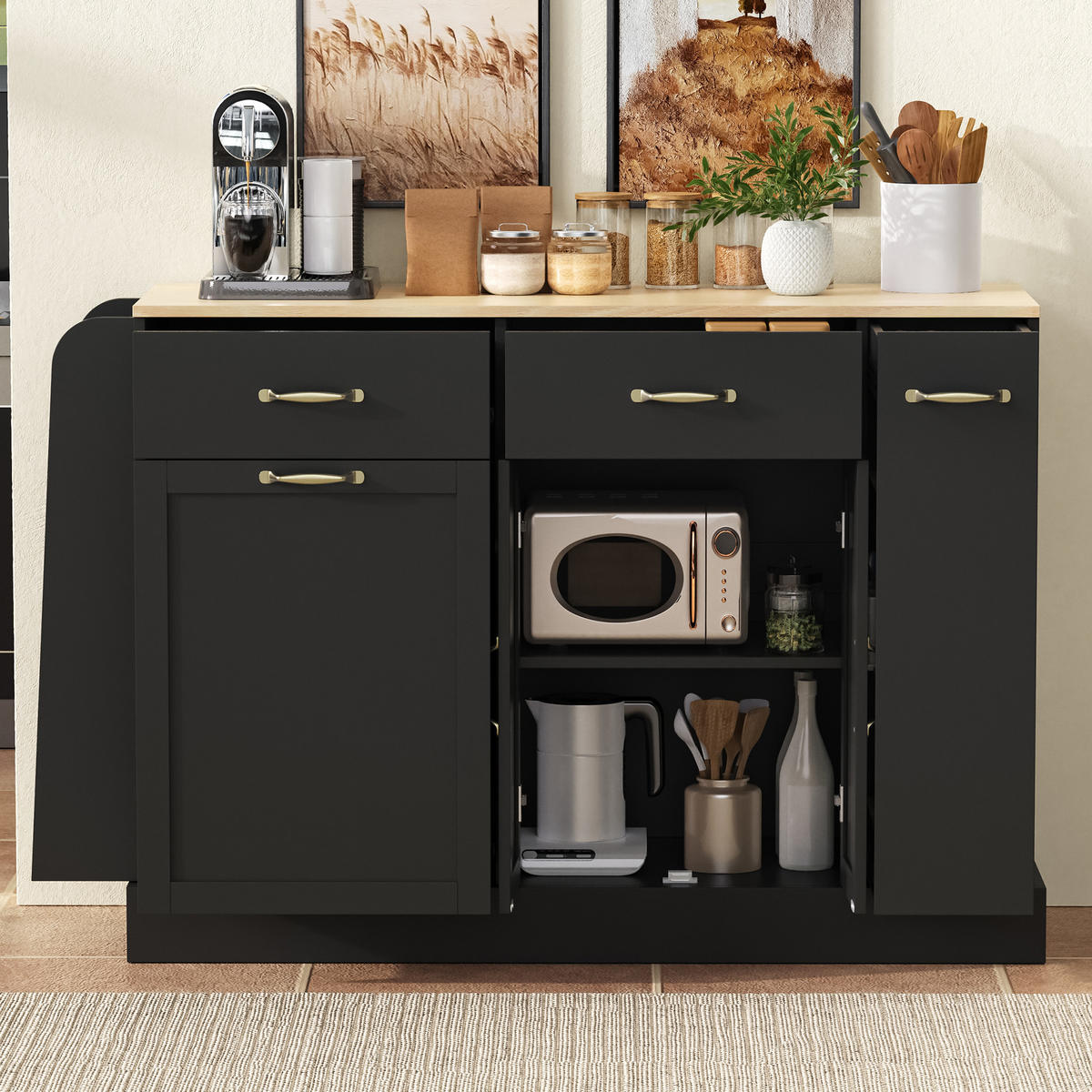 SIDEBOARD mit Abfallfach, Gewürzregal und Schubladen, Schwarz - Schwarz, Holzwerkstoff (133.5/86/40cm)