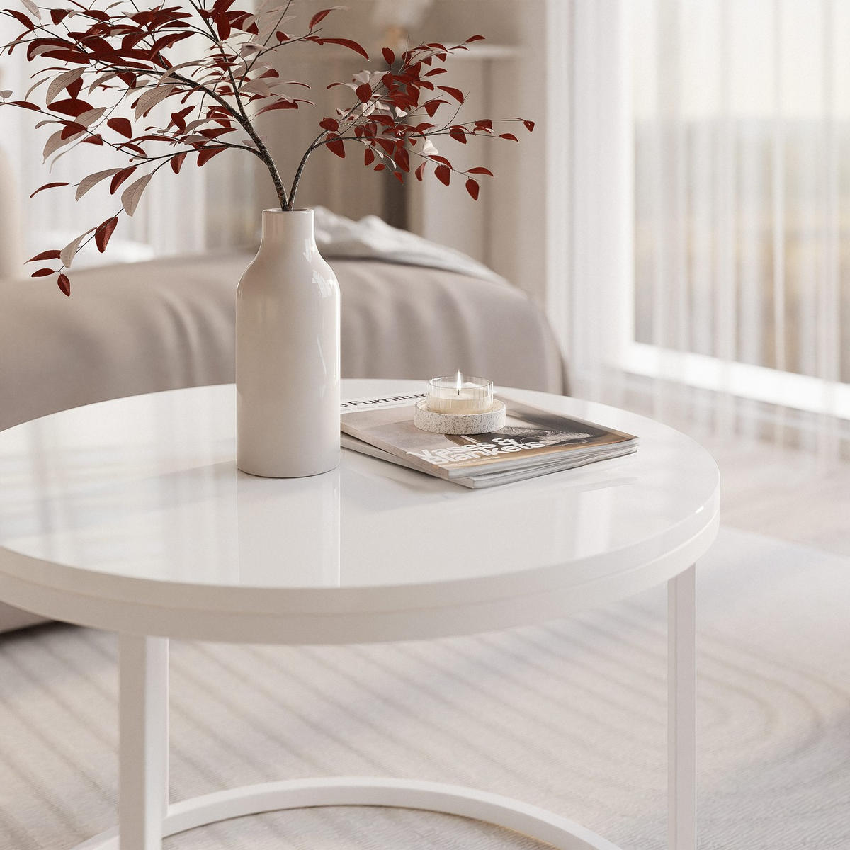 COUCHTISCH 60 cm rund Weiß Hochglanz, Weiß Gestell - Weiß Hochglanz, Holzwerkstoff (60/60/42cm) - Idohome