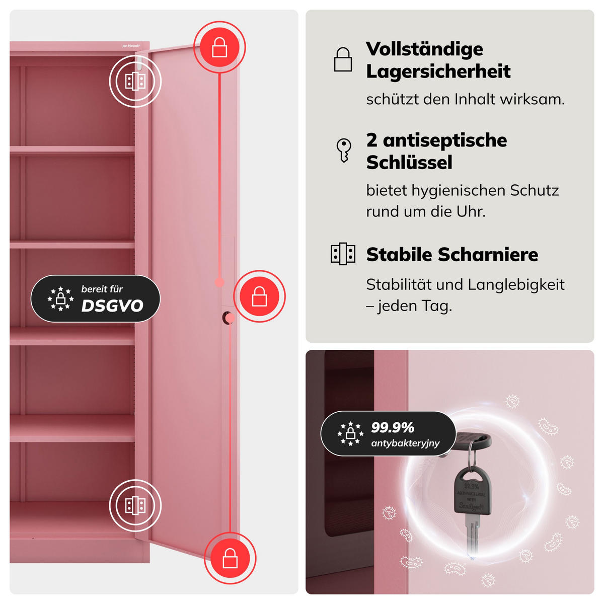 AKTENSCHRANK JAN 185x90x45 cm - Rosa, Metall (90/185/40cm) - Jan Nowak
