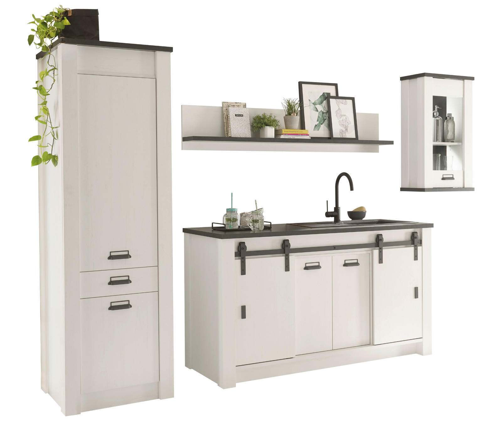 KÜCHEN-SET weiß Pinie, anthrazit 4-teilig, Küchenschrank Set im Landhaus-Stil - Anthrazit/Schwarz, Glas/Holzwerkstoff (161/201/64cm) - Furn.Design