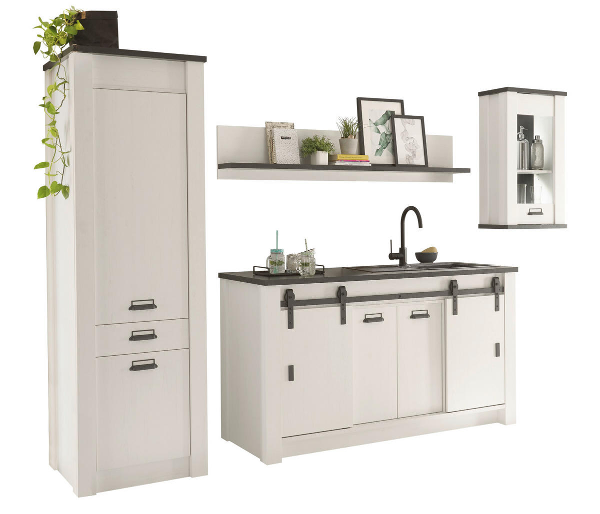 KÜCHEN-SET weiß Pinie, anthrazit 4-teilig, Küchenschrank Set im Landhaus-Stil - Anthrazit/Schwarz, Glas/Holzwerkstoff (161/201/64cm) - Furn.Design