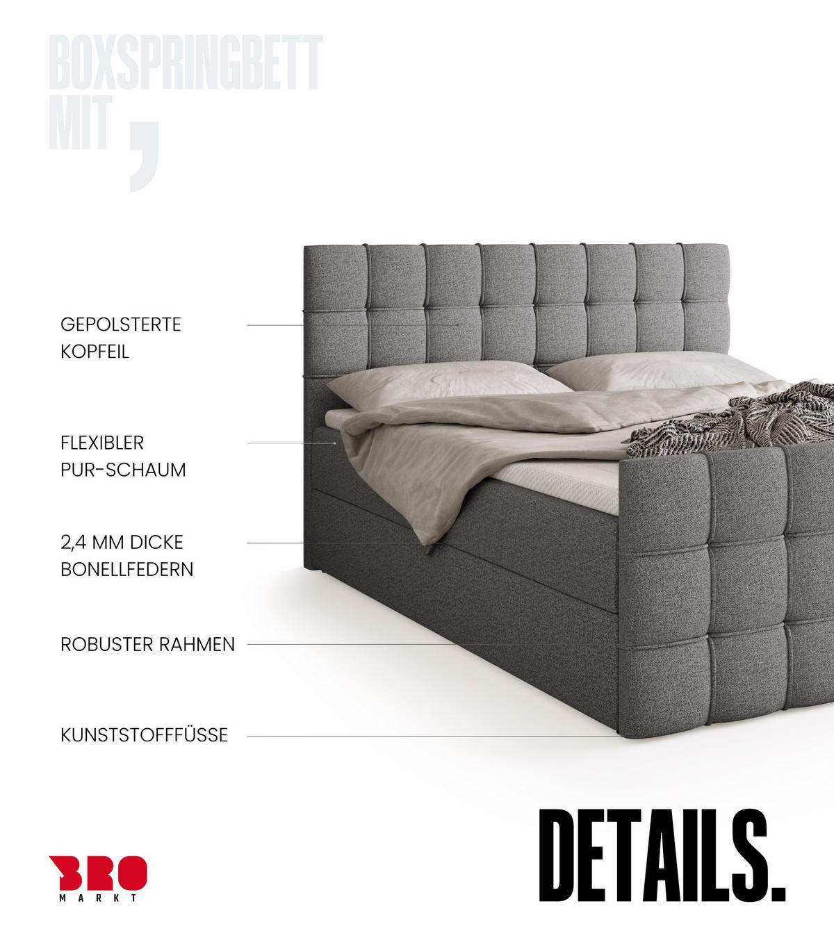 BOXBETT Detroit Duo mit Topper 160/200 Hellgrau - Hellgrau, Textil (160/200cm) - Bromarkt