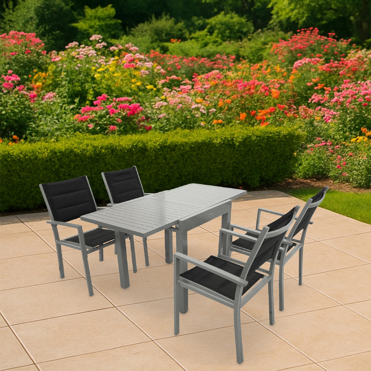 GARTEN-GARNITUR Ashford - 5-teilige Garten-Essgruppe (4x Sessel Aluminium silbergrau + Textilgewebe gepolstert schwarz - Schwarz, Metall - TPFGarden