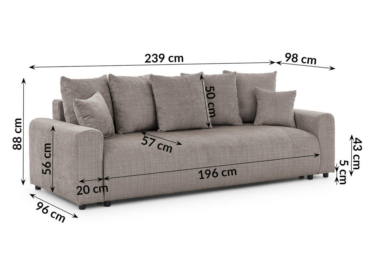 SCHLAFSOFA Calma mit Bettkasten im Bumpy-Design aus weichem Taupe Chenille-Stoff - Taupe/Schwarz, Holz/Kunststoff (239/88/98cm) - S-Style Möbel