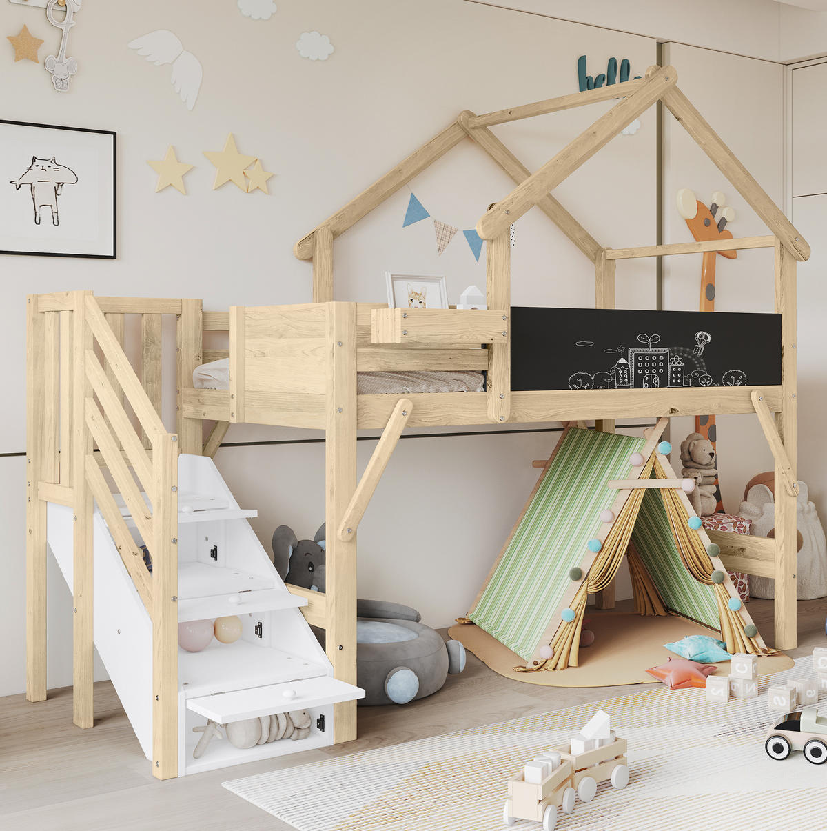 HAUSBETT 90/200 cm Weiß/Natur mit Stauraumtreppe und Tafel - Weiß, Holzwerkstoff (90/200cm) - Flora Grace